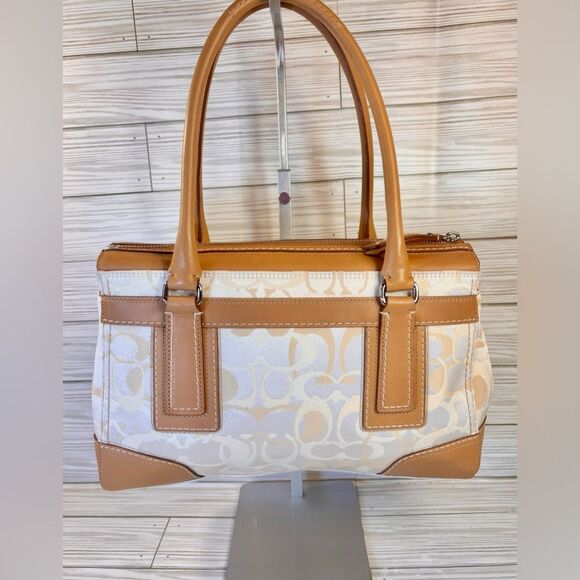 044-Coach:11818 Hampton Optic Brown Signature C Jacquard Cream Leather Handbag - Picture 2 of 12